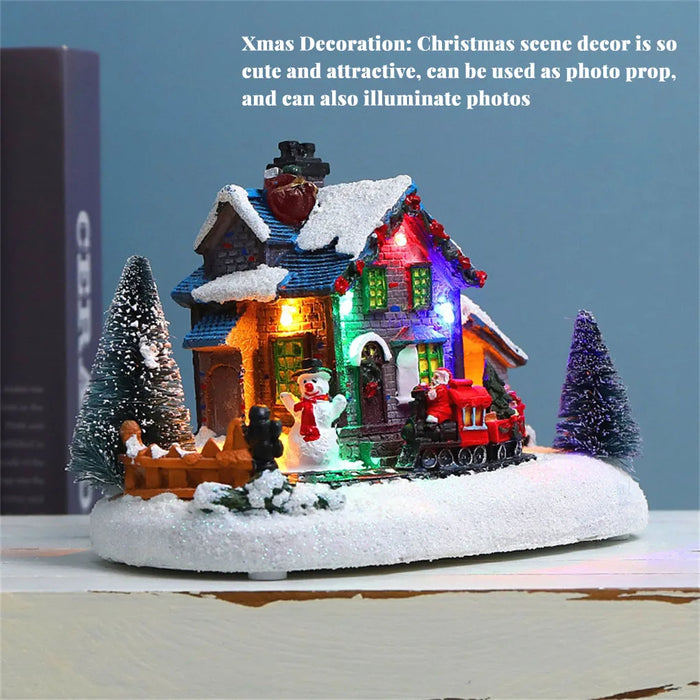 Small Train Christmas Village Figurines LED Lights Luminous Landscape Figurines