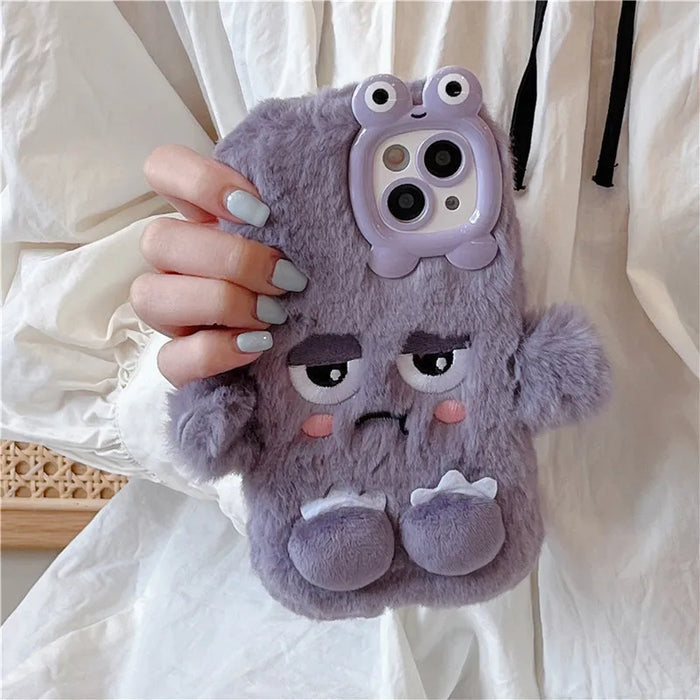 3D Cute Cartoon Funny Phone Case For iPhone 16 15 Plus 14 13 12 11 Pro Max Warm Winter Fluffy Plush Soft Bumper Protection Cover