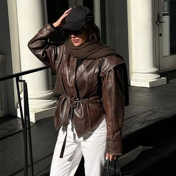 Fashion Lapel Lace Up Pu Leather Jacket Long Sleeve