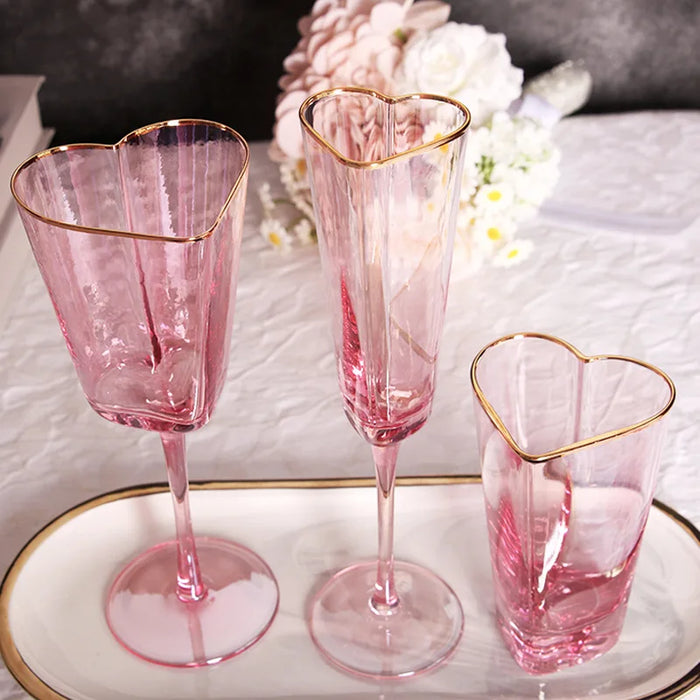 Pink Phnom Penh Heart-shaped Red Wine Glasses Barware Set Hammer pattern Champagne Glasses Juice Glass Mug Goblets