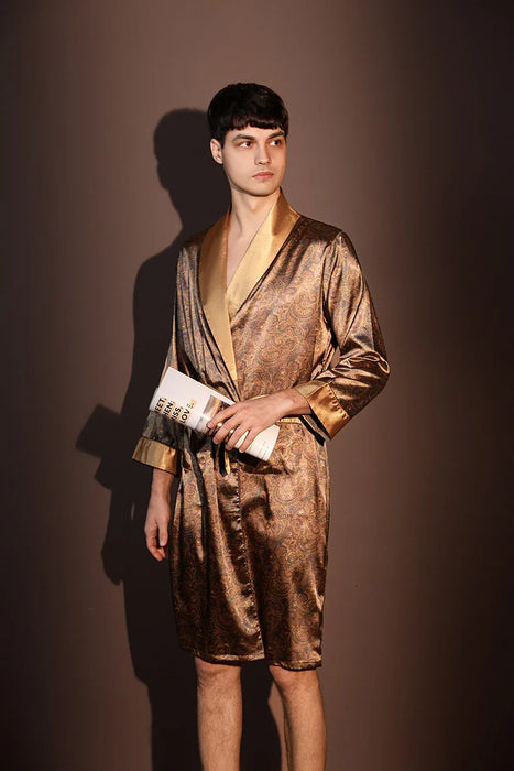 High Quality Nightrobes Men Summer Thin Bathrobe Large Size Ice Silk Printed Pajamas One-piece Robe Male Loungewear Gents Spring