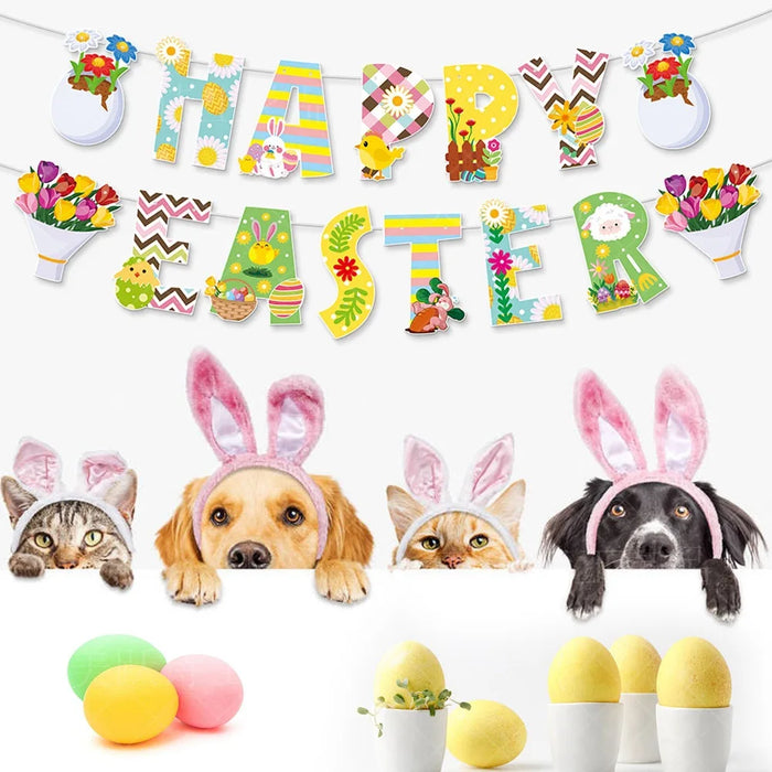 Happy Easter Banner Easter Wreath Easter Eggs Bunny Hanging Swirls Ornaments Indoor Outdoor Spring Easter Themed Party Supplies