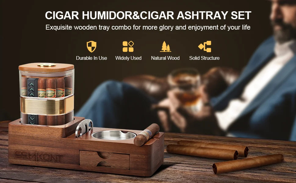 Cigar Humidor Cigar Ashtray Set Wooden Jar With Hygrometer Humidifier Cigar Gifts for Men