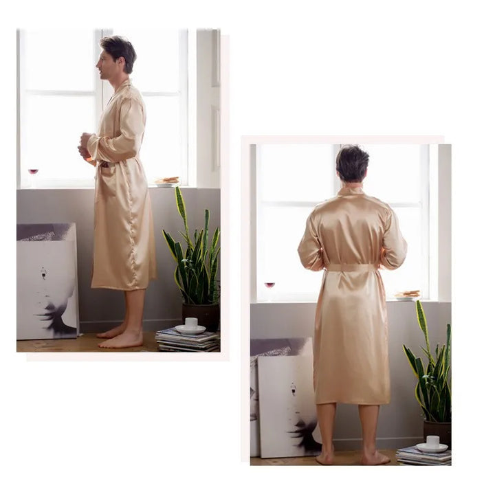 Summer New Men's Ice Silk Bathrobe Robe Men's Pop-Up Section of the Long Section of Cardigan Robe Pajamas Pajamas Home Clothing