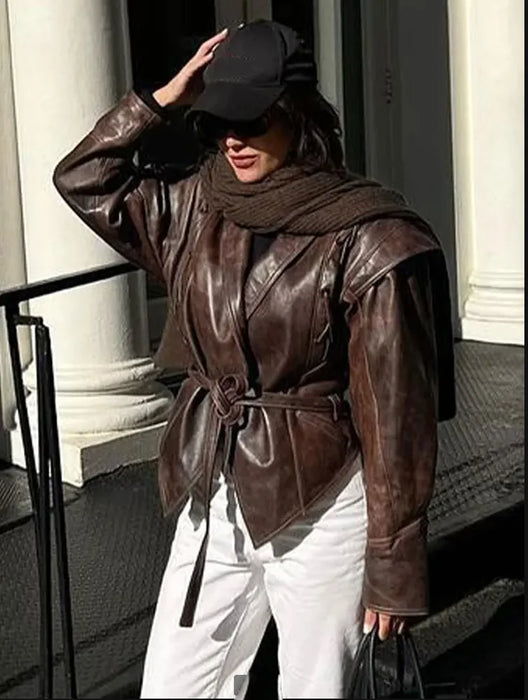 Fashion Lapel Lace Up Pu Leather Jacket Long Sleeve