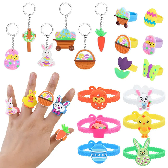 Easter Kids Gift Rabbit Eggs Bracelets Silicone Ring Keychains Happy Easter Birthday Party Favors Goodie Bag Basket Filler Toys