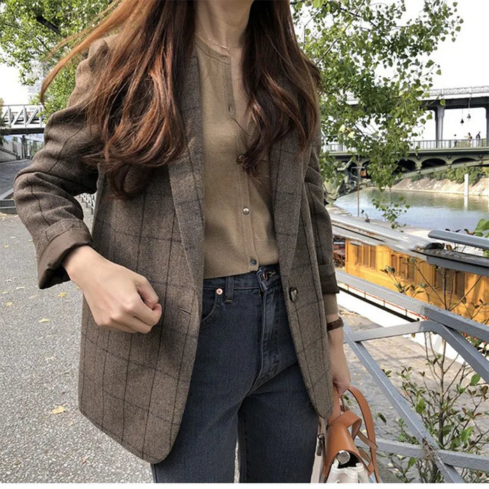 Plaid Blazer Women Jacket Korean Style Slim Long Sleeve