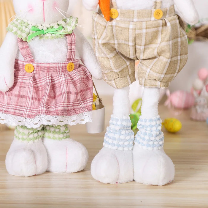 Easter Decorative Rabbit Cartoon Retractable Leg Couple Rabbit Doll Home Ornament Overalls Skirt Bunny Doll Easter Party Gifts