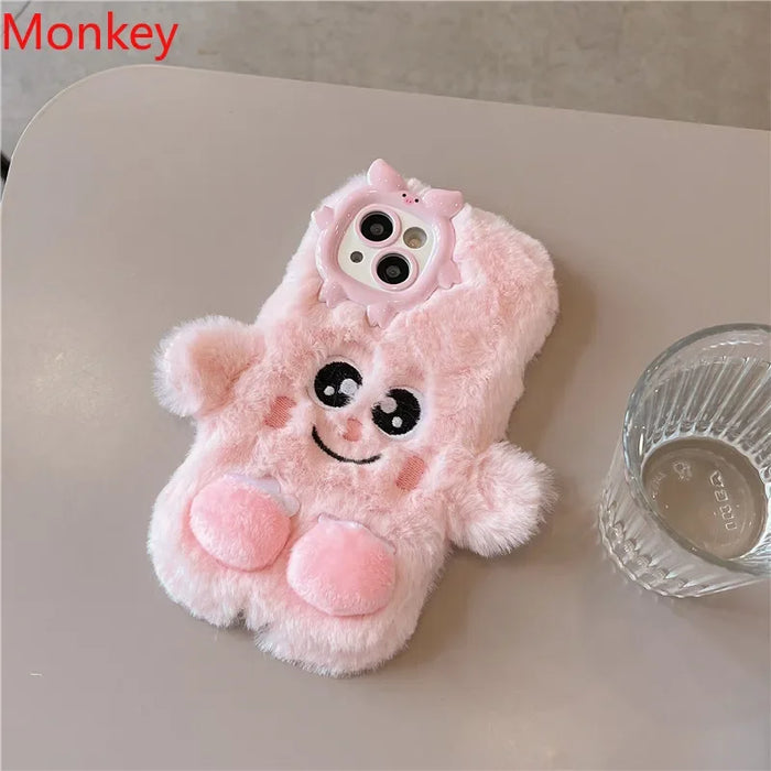 3D Cute Cartoon Funny Phone Case For iPhone 16 15 Plus 14 13 12 11 Pro Max Warm Winter Fluffy Plush Soft Bumper Protection Cover