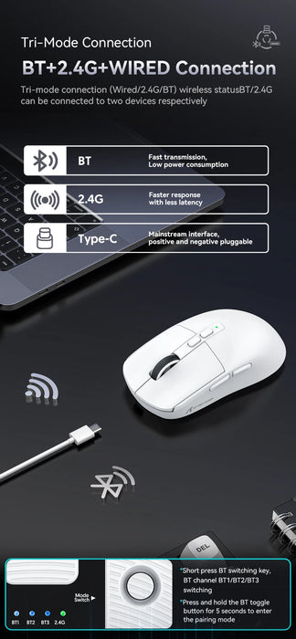 Attack Shark X6 PAW3395 Bluetooth Mouse,Tri-Mode Connection,RGB Touch Magnetic Charging Base