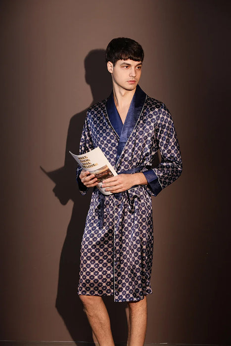 High Quality Nightrobes Men Summer Thin Bathrobe Large Size Ice Silk Printed Pajamas One-piece Robe Male Loungewear Gents Spring