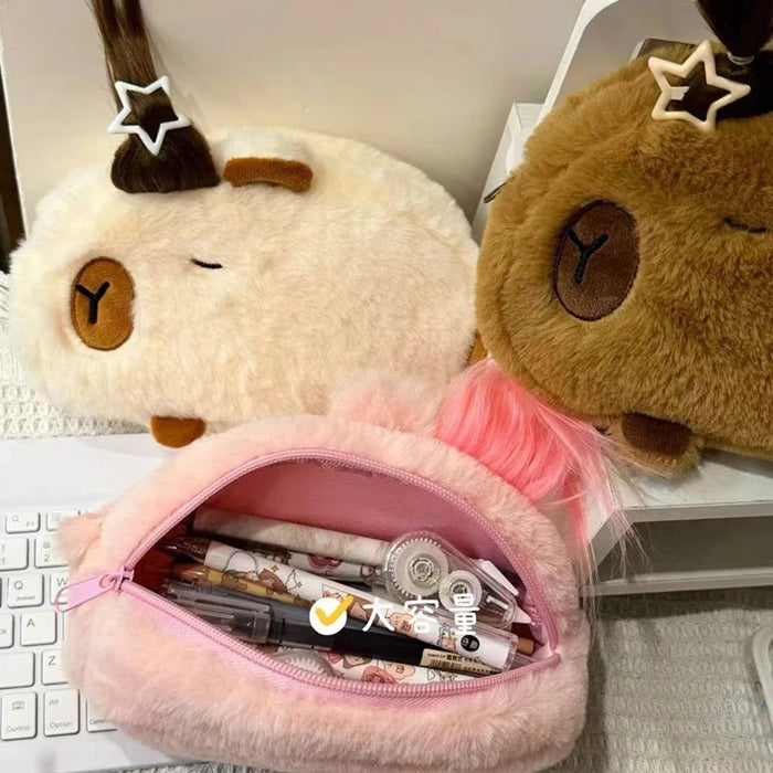 Large Capacity Pen Bag Cartoon Pencil Bag Student Capybara Plush Stationery Storage Bag Learning Stationery Supplies