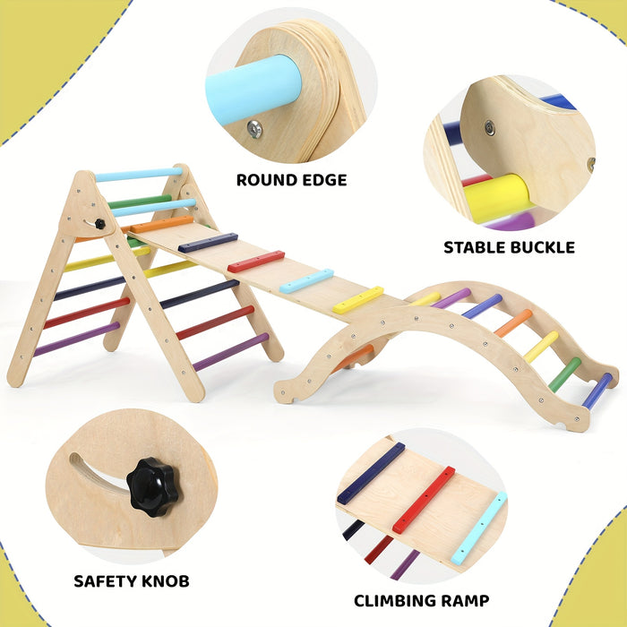 Pikler Triangle Set 7in 1, Foldable Climbing Toys for Toddlers, Play with Arch & Ramp & Ladder, Large Climbing Indoor Playground Set, Indoor Jungle Gym, Rainbow