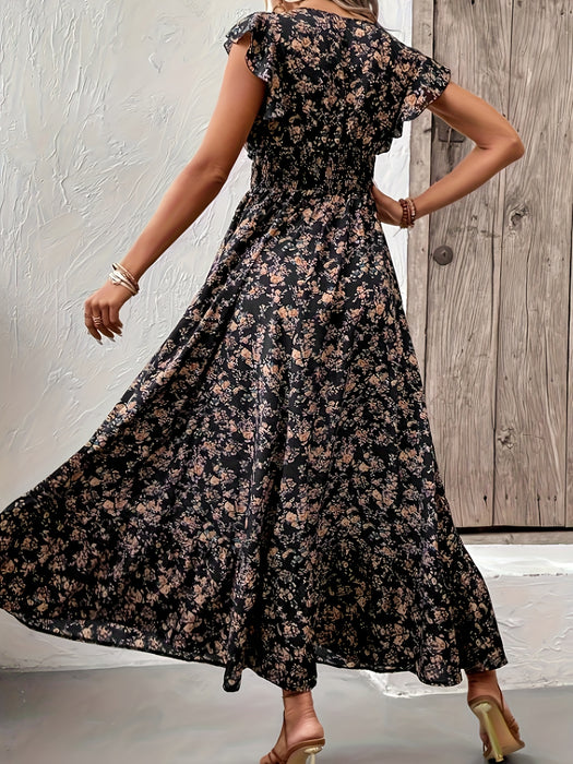 Floral Print Shirred Waist A-Line Dress with Ruffle Sleeves, Women's Summer Vacation Dress