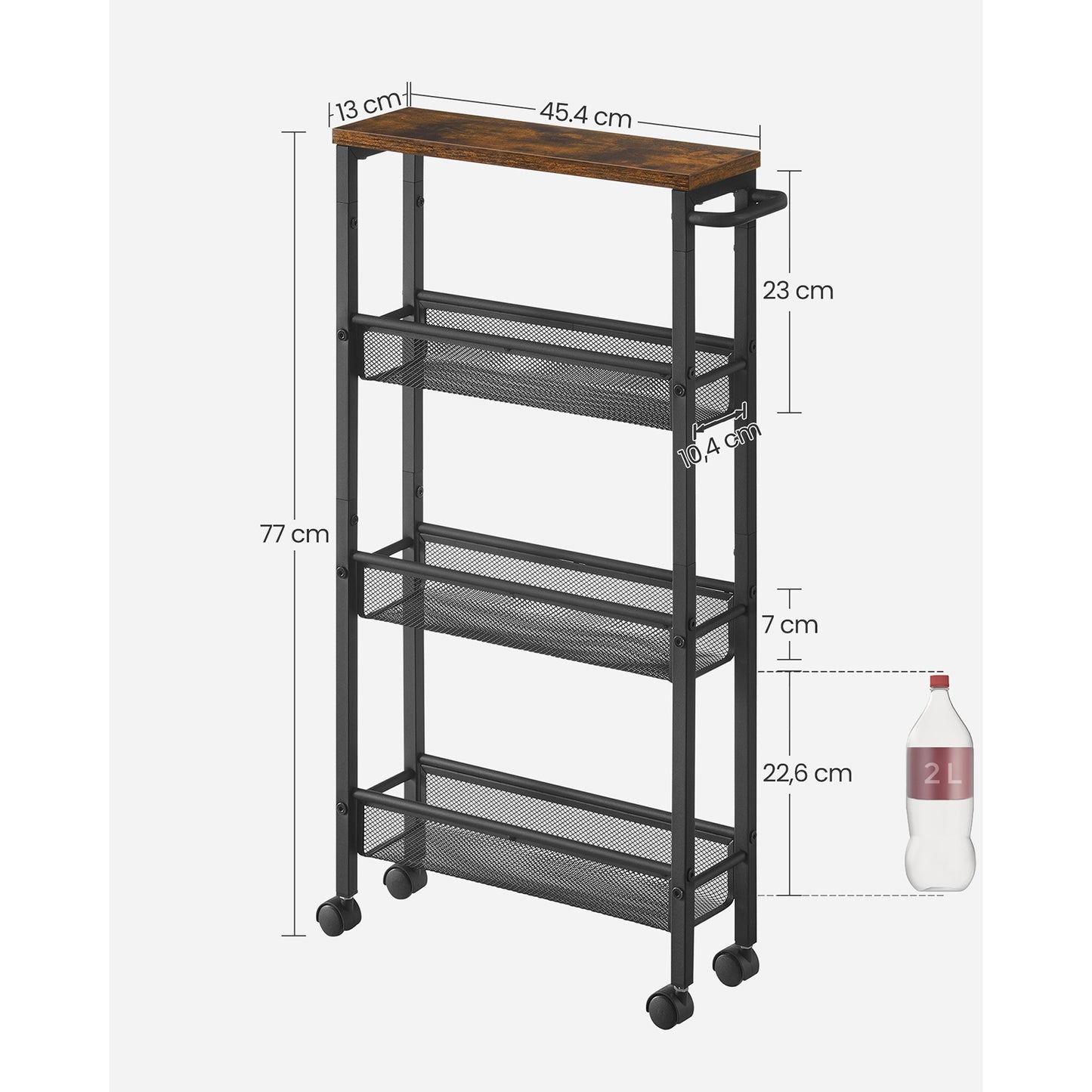 VASAGLE 4-Tier Steel Rolling Storage Cart with Hardwood Top, Rustic Brown & Black, Slim 5.1" Deep Organizer, with Wood-Based Panel & Metal Frame, for Kitchen, Dining, Living Room, Home Office