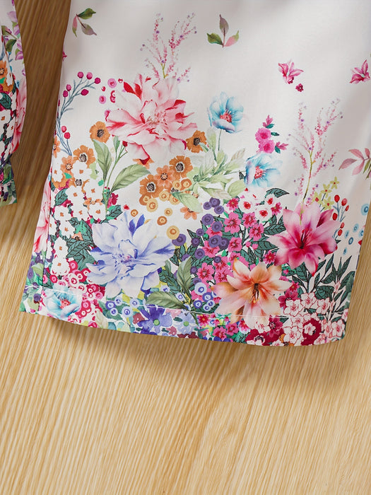 Elegant Floral Print Romper for Youngsters - Casual Retro Style with Puff Sleeves, Polyester, Non-Stretch Fabric, Square Neckline, Spring/Summer Wear, Romper for Girls, for Outdoor
