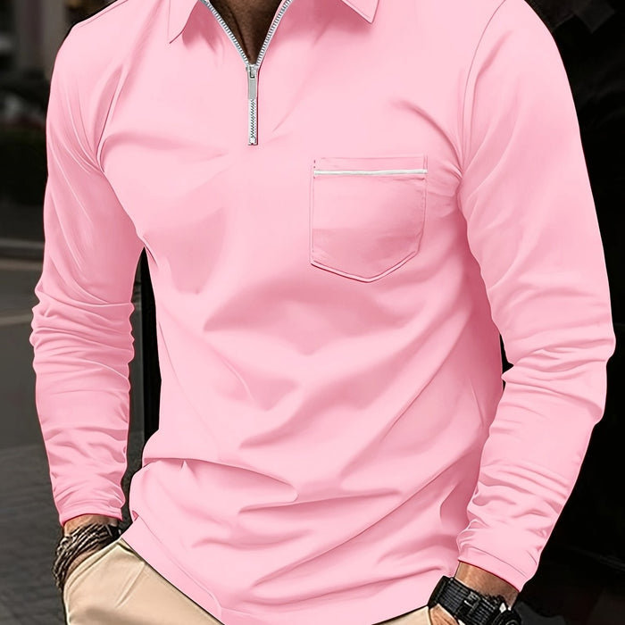 Men's Casual Long Sleeve Zipper Lapel Shirt with Chest Pocket, Spring/Fall Outdoor Wear