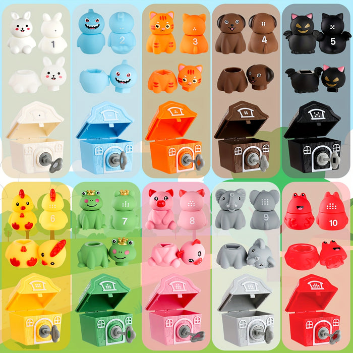 Animal Toys for Ages 3 and Up, 30pcs of Farm Animal Toys, 10 Farm Animals and 10 Barns, 10 Keys, Counting, Matching and Sorting Fine Motor Sensory Toys