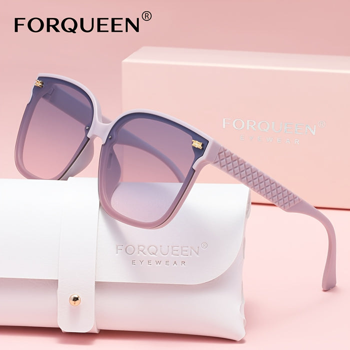 FORQUEEN Trendy Women's Polarized Fashion Glasses - Oversized Fashion Shades with Metal Hinges, Stylish Gradient Purple to Gray Design, Includes Protective Case for Summer Style