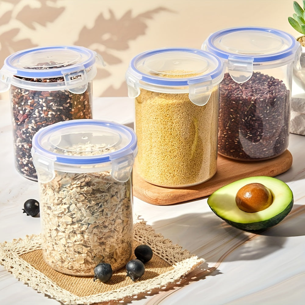 Set of 6 Transparent 23.67oz Sealed Oatmeal Storage Jars with Lids, Versatile Reusable Containers, 23-Ounce Plastic Containers with Latch Lids, Portable Oatmeal Containers for On-The-Go, And Airtight Spring Lock Storage Jars.
