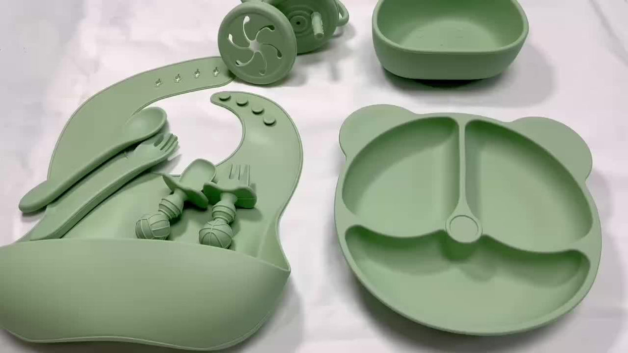 10-Piece BPA-Free Silicone Toddler Feeding Set - Pink Animal Print, Includes Suction Cup Dividers, Spoon, Fork, Straw Cup, Bib - Microwave & Oven Safe - For Baby Led Weaning - Perfect Gift for New Parents