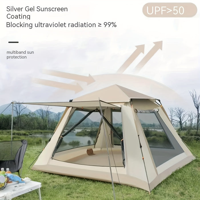 8-Person Family Camping Tent with Canopy - Quick Setup, Mosquito Netting, Windproof, All-Season, Beige, UV Protection, Multi-Band Sunshade, Durable Oxford Fabric, Perfect for Outdoor Adventures, Campers Accessories