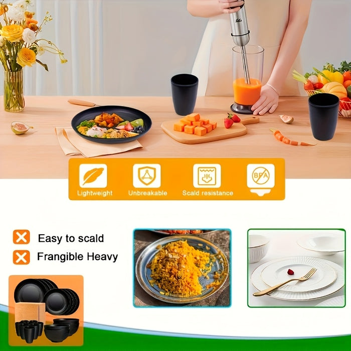 16pcs/set of indestructible plates, shatterproof tableware set, microwave dishwasher safe, reusable tableware, black set of 8 plates, 4 bowls, 4 cups - suitable for camping and daily use