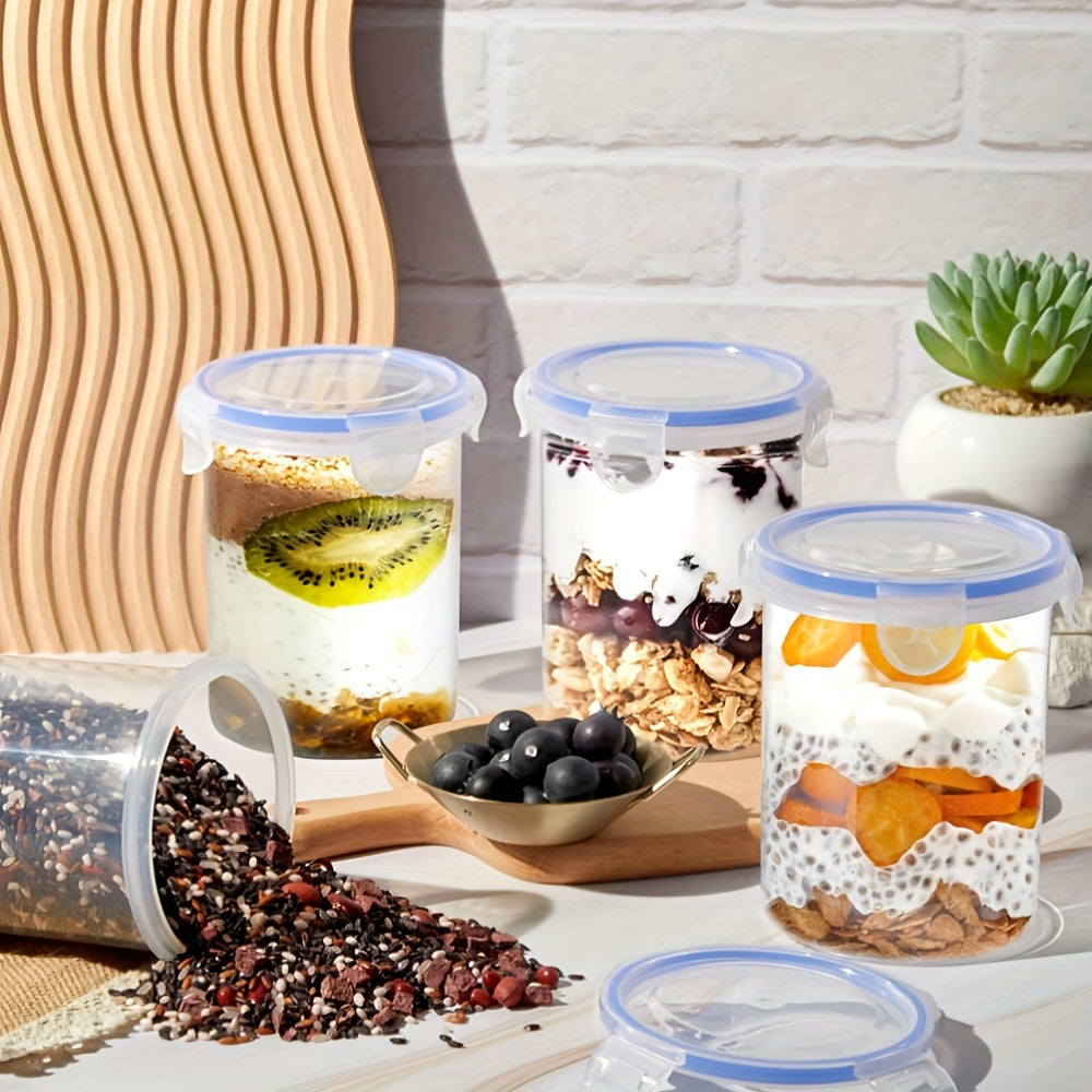 Set of 6 Transparent 23.67oz Sealed Oatmeal Storage Jars with Lids, Versatile Reusable Containers, 23-Ounce Plastic Containers with Latch Lids, Portable Oatmeal Containers for On-The-Go, And Airtight Spring Lock Storage Jars.