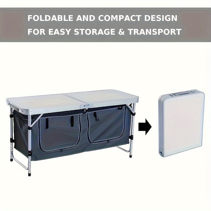 4ft Floral White MDF Tabletop Outdoor Folding Table Aluminum Frame Rectangular with Blue Cloth Cabinet 3 Height Adjustments