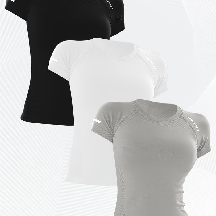 3pcs Women's Athletic T-Shirts - High Stretch, Breathable Nylon Short Sleeve Yoga & Fitness Tops with Letter Design in Black, Gray, and Teal