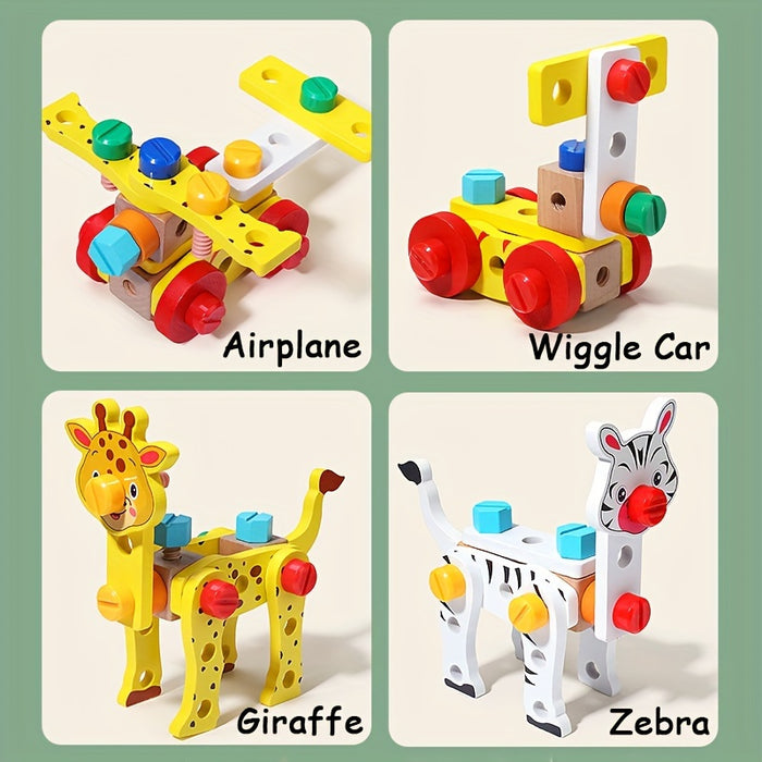 Kids' Wooden Animal Pattern Toolbox Toys With Hand Rope, Cute Cartoon Educational Toys For Boys Girls, Children's Building Block Assembly Toy, Birthday Gifts
