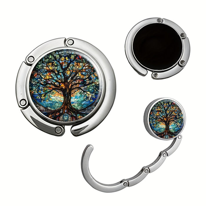 Tree of Life Design Portable Bag Hooks, Zinc Alloy, Foldable Handbag Storage Hanger, Elegant Purse Organizer, Mature Style, with Unique Gift for Travel & Home Use