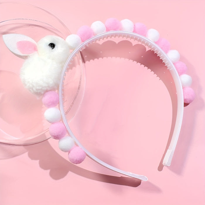 1pc Adorable Fluffy Rabbit Headband for Girls, Pink Polyester Bunny Hair Hoop with Pom Pom, Non-Woven Fabric, Sweet Hair Accessory for Easter Party