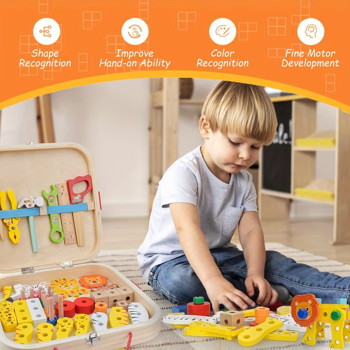 Kids' Wooden Animal Pattern Toolbox Toys With Hand Rope, Cute Cartoon Educational Toys For Boys Girls, Children's Building Block Assembly Toy, Birthday Gifts