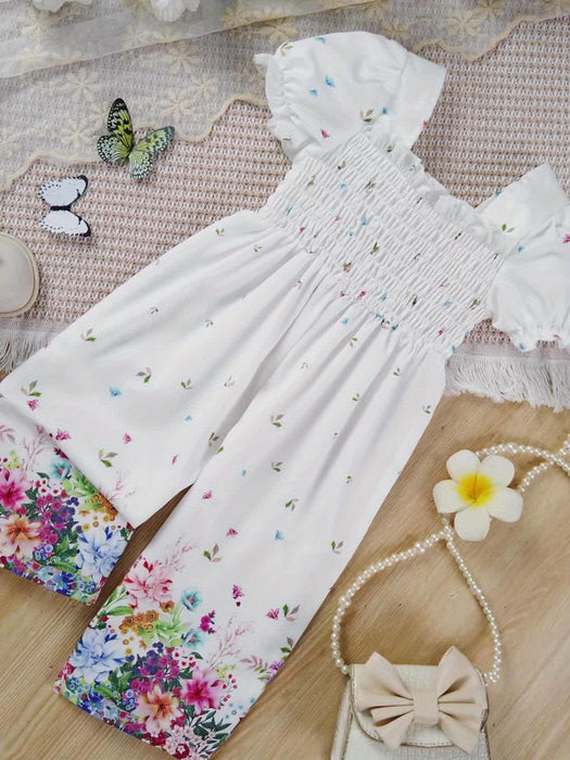 Elegant Floral Print Romper for Youngsters - Casual Retro Style with Puff Sleeves, Polyester, Non-Stretch Fabric, Square Neckline, Spring/Summer Wear, Romper for Girls, for Outdoor