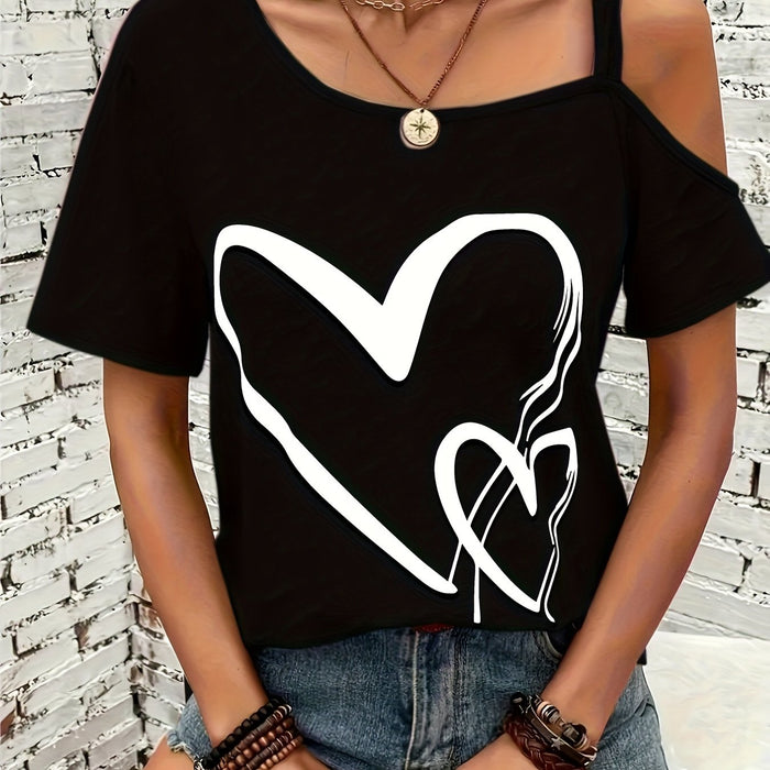Heart Print Asymmetrical Backless Cold Shoulder T-Shirt for Women