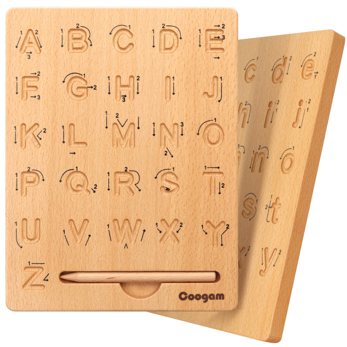 Coogam Wooden Letters Practicing Board - Double-Sided Alphabet Tracing Tool - Educational Toy Game for Fine Motor Skills - For Preschool Kids Aged 3-5 Years - Perfect Gift for Learning ABCs
