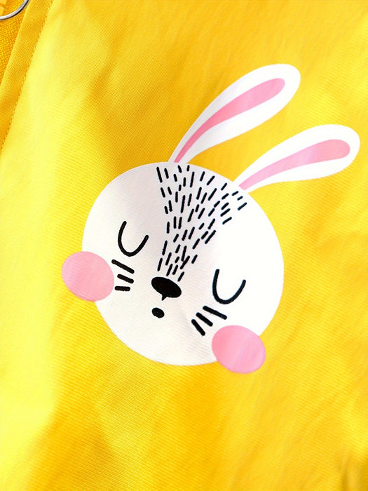 Girls' Spring/Autumn Hooded Coat With Lining, Cute Cartoon Rabbit And Flowers Pattern Clothing For Outdoor Activities