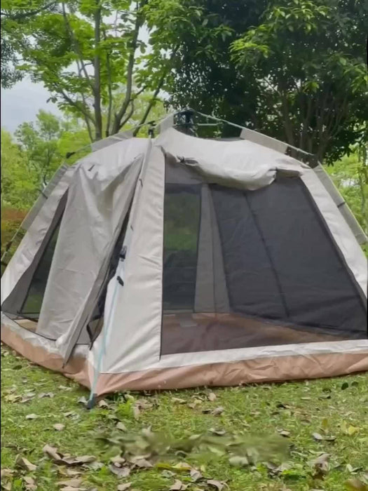 8-Person Family Camping Tent with Canopy - Quick Setup, Mosquito Netting, Windproof, All-Season, Beige, UV Protection, Multi-Band Sunshade, Durable Oxford Fabric, Perfect for Outdoor Adventures, Campers Accessories