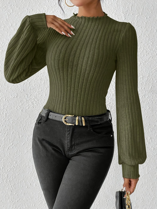 Solid Mock Neck Rib Knit Bodysuit, Elegant Long Sleeve Bodysuit, Women's Clothing