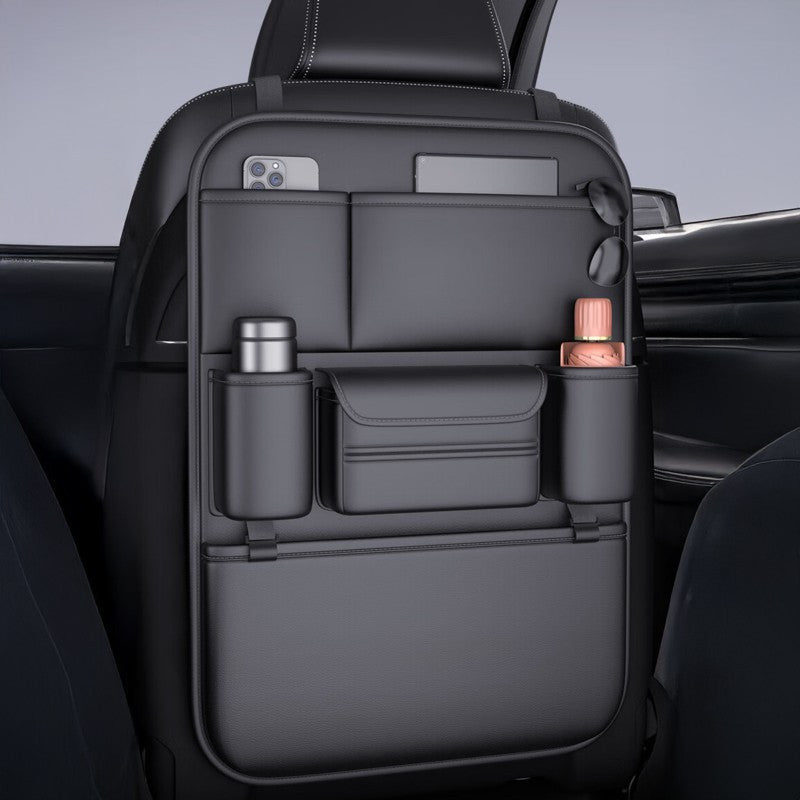 Premium PU Leather Car Backseat Organizer Large Capacity Multi-Functional Storage Bag with Dual Mesh Pockets