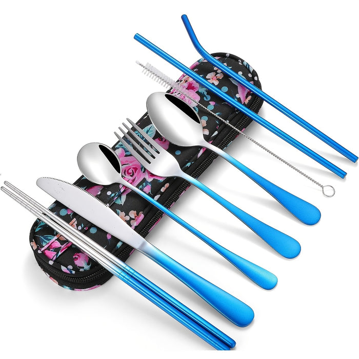 Stainless Steel Travel Utensils Set, Reusable To Go Flatware with Geometric Pattern, Polished Finish, Waterproof Carrying Case, Portable Cutlery for Lunch Box, Camping, School, Picnic