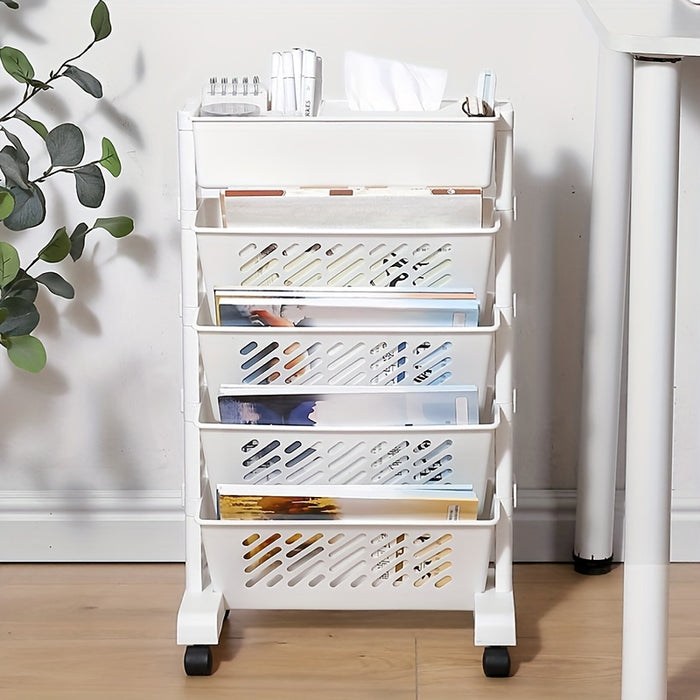 1pc Five-Level Bookshelf Shelf, Movable Desk Side Bookshelf, Floor Desk Small Cart, Book Storage Shelf, Office Study Supplies Storage Rack, Pen Holder, Lesson Book, Document Storage, Office Supplies