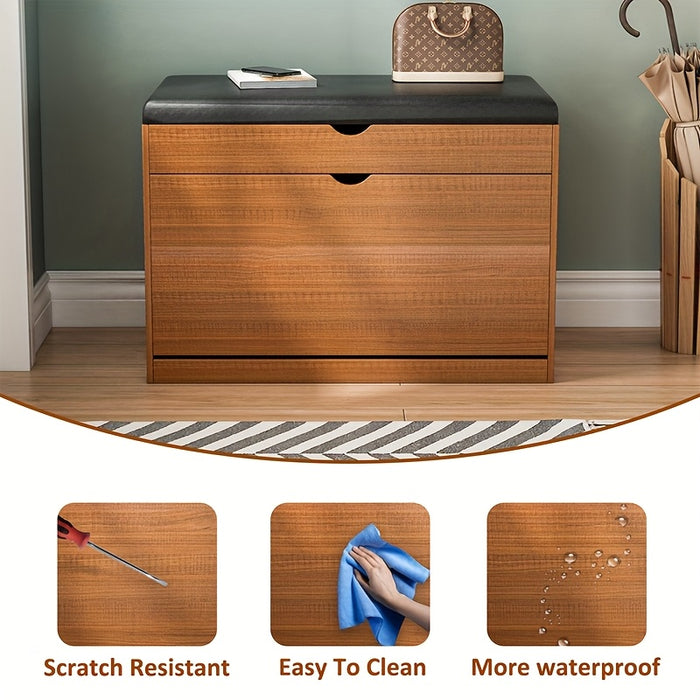 Pine Wood Shoe Bench with Cushioned Seat, Three-Tier Footwear Rack, and Storage Cabinet - Ideal for Bedroom or Entryway, Multi-Compartment Design, No Assembly Required, Shoes Organizer Storage