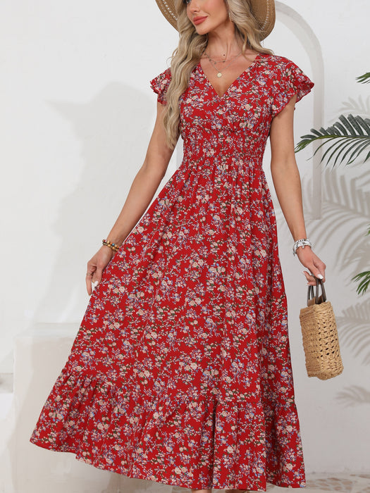 Floral Print Shirred Waist A-Line Dress with Ruffle Sleeves, Women's Summer Vacation Dress