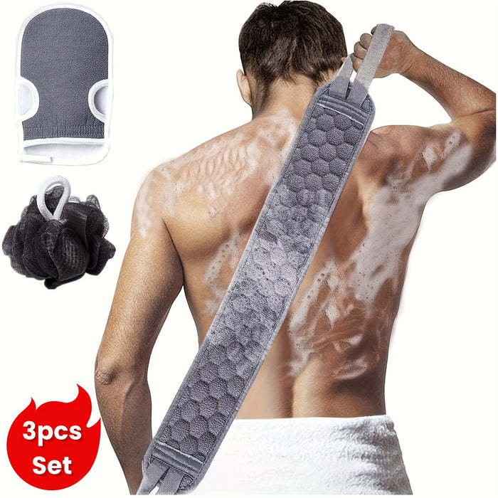 3pcs/set Back Exfoliating Set, Bath Glove, Loofah Sponge, Exfoliating Bath Washcloth Towel, Back Scrubber For Shower, Spa, Massage And Body Scrubs