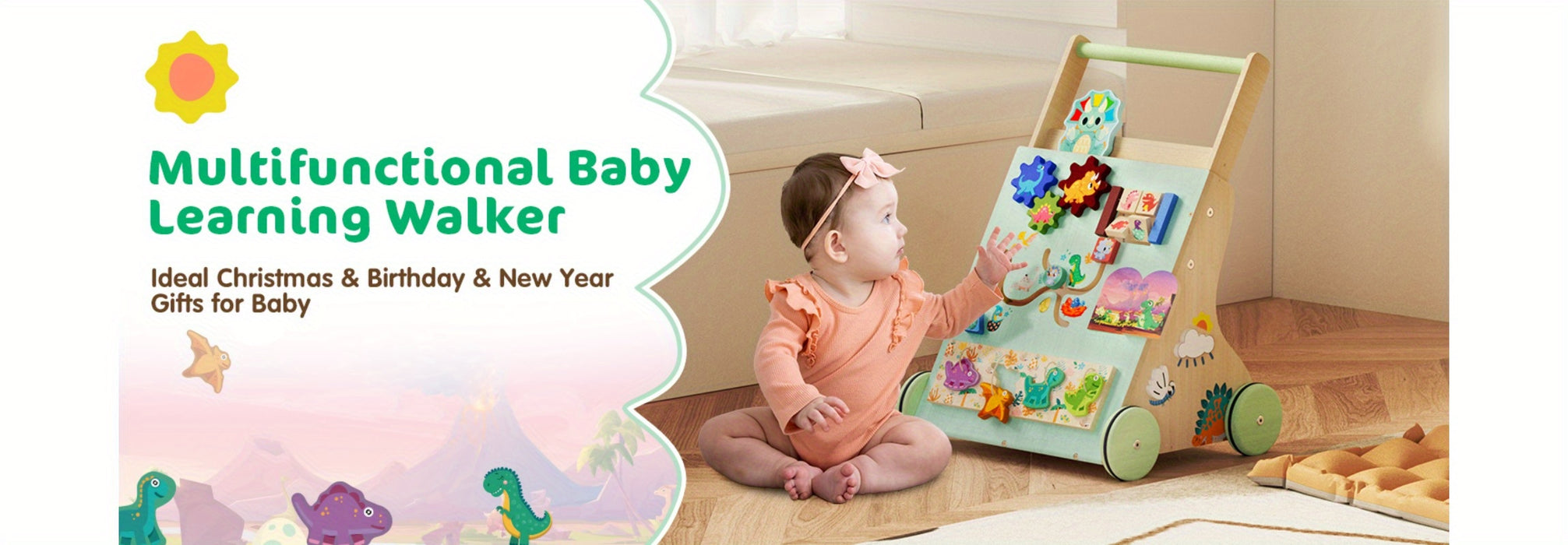 Wooden Baby Walker, Dinosaur Toddler Push Walker, Montessori Learning Activity Center for Boys Girls, Develops Motor Skills Sit-to-Stand Toys Multifunctional Educational Gifts for Kids Infant