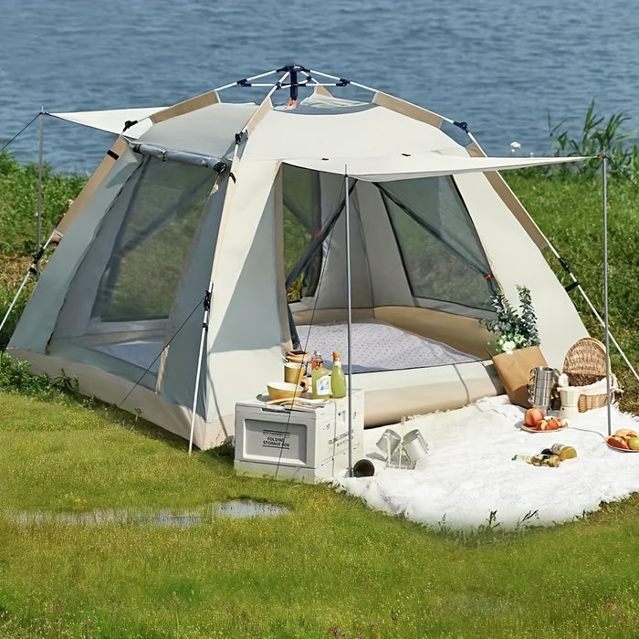 8-Person Family Camping Tent with Canopy - Quick Setup, Mosquito Netting, Windproof, All-Season, Beige, UV Protection, Multi-Band Sunshade, Durable Oxford Fabric, Perfect for Outdoor Adventures, Campers Accessories