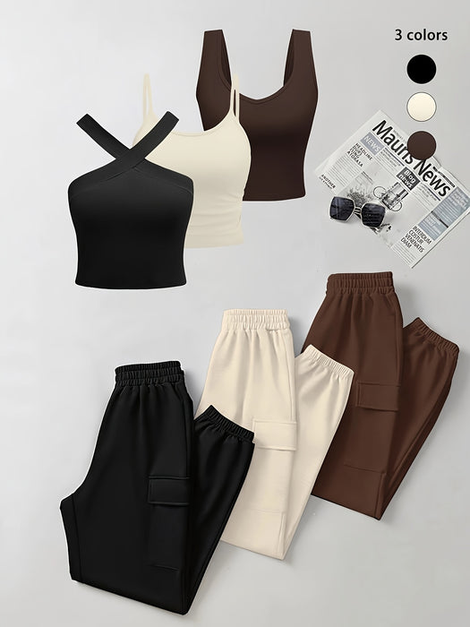 6pcs Women'S Casual Spring/Summer Knit Fabric Set with Crew Neck, Pocket, and Elastic Waist, Polyester Blend