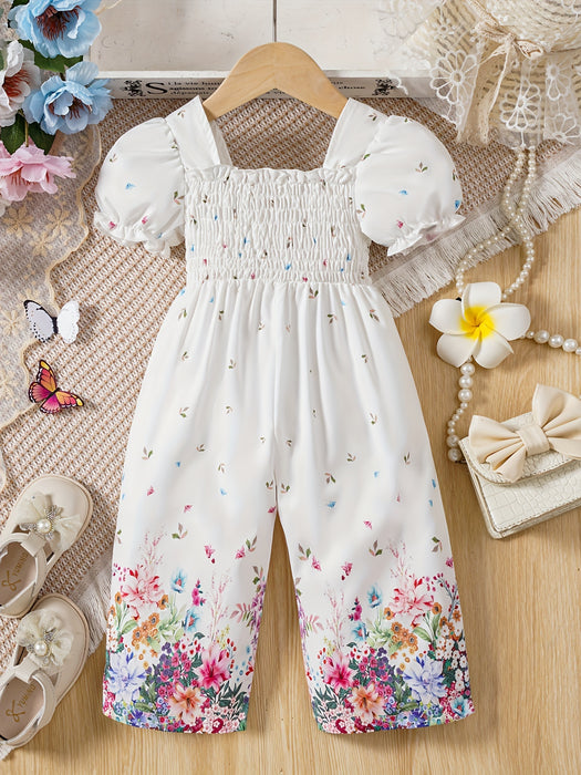 Elegant Floral Print Romper for Youngsters - Casual Retro Style with Puff Sleeves, Polyester, Non-Stretch Fabric, Square Neckline, Spring/Summer Wear, Romper for Girls, for Outdoor